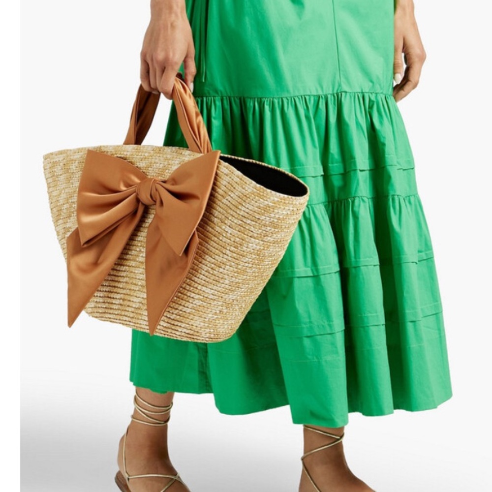 NEW EUGENIA KIM Carlotta Bow embellished Straw Tote In Beige & brown